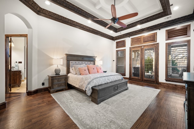 bedroom with crown molding, dark wood-type flooring, ceiling fan, and access to outside