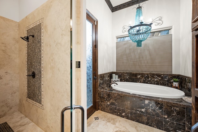 bathroom featuring independent shower and bath and ornamental molding