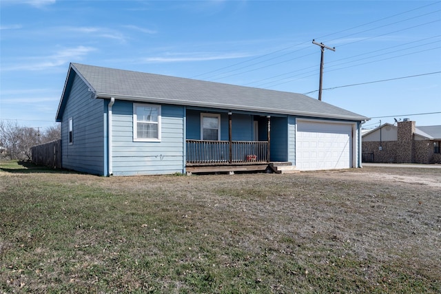 single story home with a garage, a porch, and a front lawn