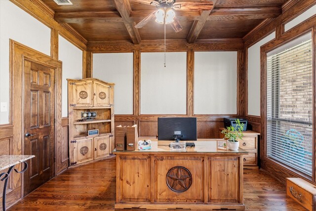 office area featuring coffered ceiling, dark hardwood / wood-style floors, ceiling fan, and wooden ceiling