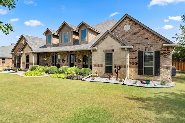 view of front of house featuring a front yard, brick siding, and central air condition unit