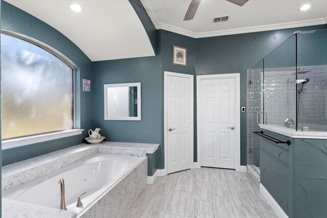 bathroom featuring ornamental molding, separate shower and tub, and ceiling fan