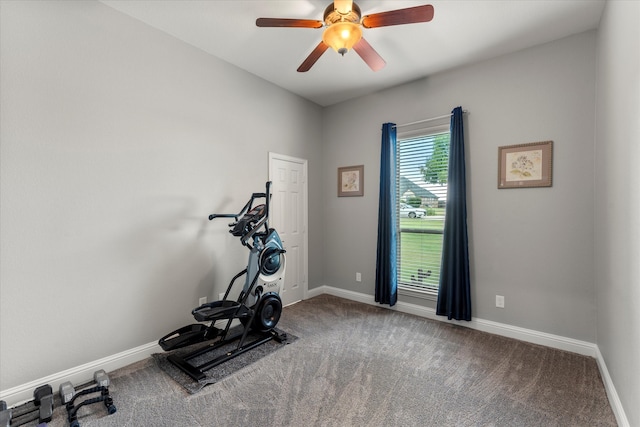 workout room featuring ceiling fan and carpet floors