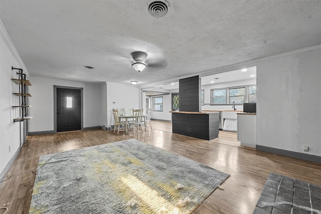 unfurnished living room with a textured ceiling, hardwood / wood-style flooring, sink, ornamental molding, and ceiling fan