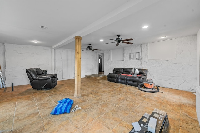 basement with ceiling fan