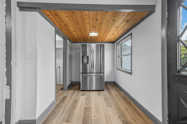 interior space featuring light hardwood / wood-style flooring, wooden ceiling, and a healthy amount of sunlight