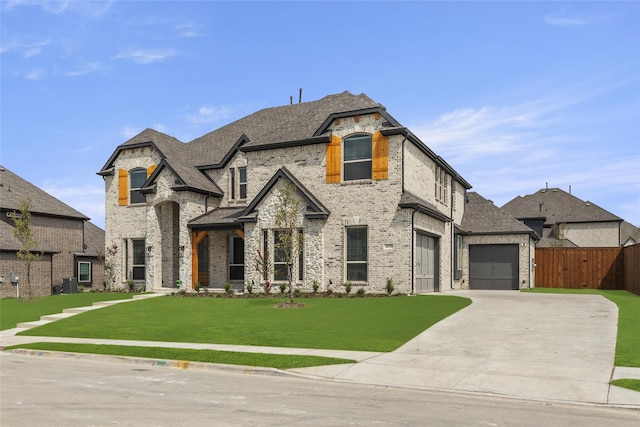 french country inspired facade featuring central air condition unit, a garage, and a front lawn