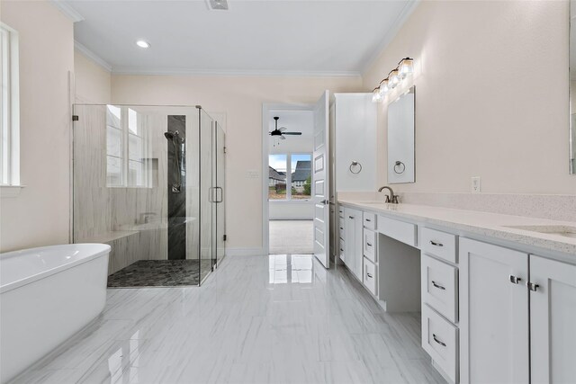 bathroom featuring ceiling fan, vanity, plus walk in shower, and ornamental molding