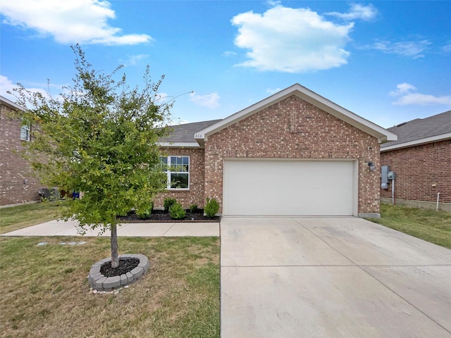 single story home with a garage, driveway, a front yard, and brick siding