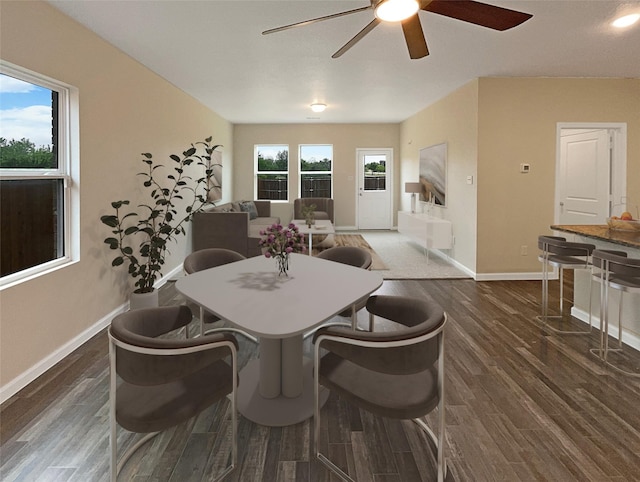 dining room with a healthy amount of sunlight, ceiling fan, baseboards, and wood finished floors