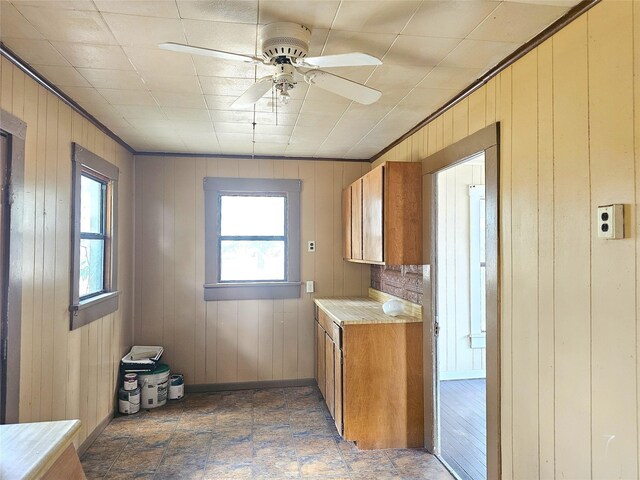 kitchen with wood walls, ceiling fan, and a healthy amount of sunlight