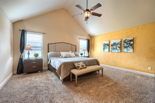 carpeted bedroom featuring high vaulted ceiling and ceiling fan