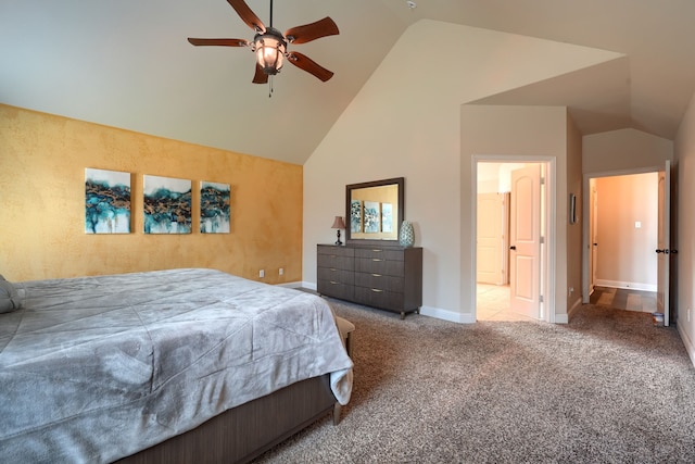 carpeted bedroom featuring high vaulted ceiling and ceiling fan