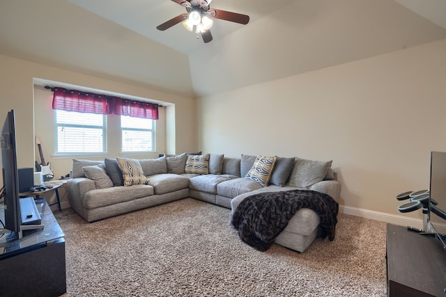 living room featuring vaulted ceiling, carpet floors, and ceiling fan