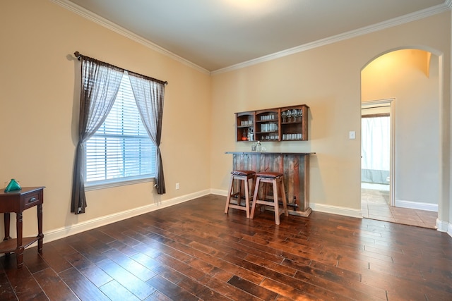 dining room featuring ornamental molding, dark hardwood / wood-style floors, and indoor bar