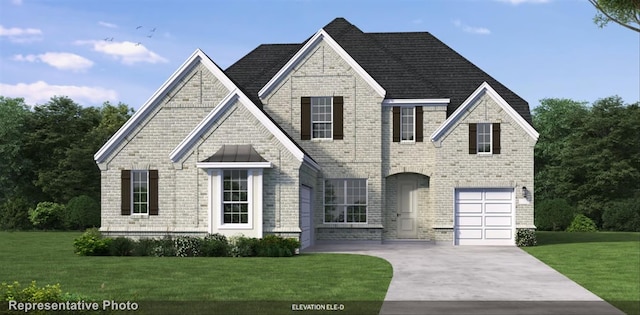 view of front of house with a garage, driveway, brick siding, and a front yard