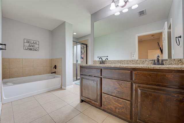 bathroom with vanity, plus walk in shower, and tile patterned floors