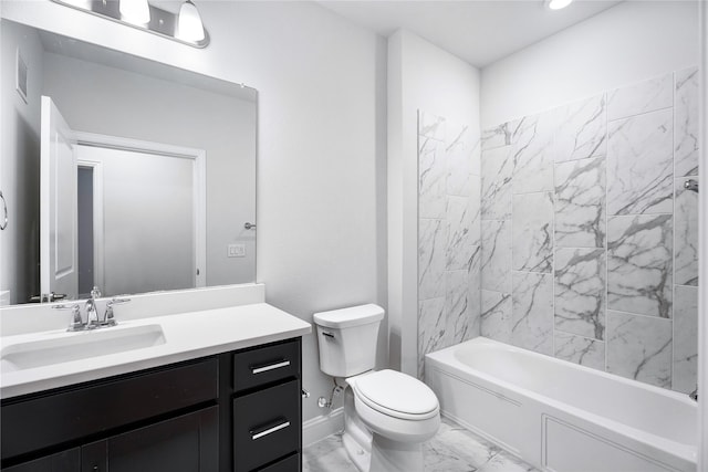 full bathroom featuring tiled shower / bath combo, vanity, and toilet