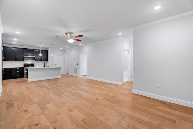 unfurnished living room with ceiling fan, ornamental molding, and light hardwood / wood-style flooring