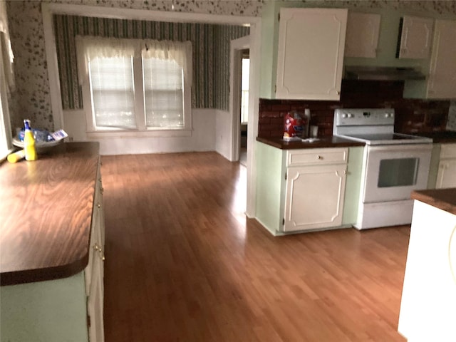 kitchen featuring a wealth of natural light, light hardwood / wood-style flooring, and white electric stove