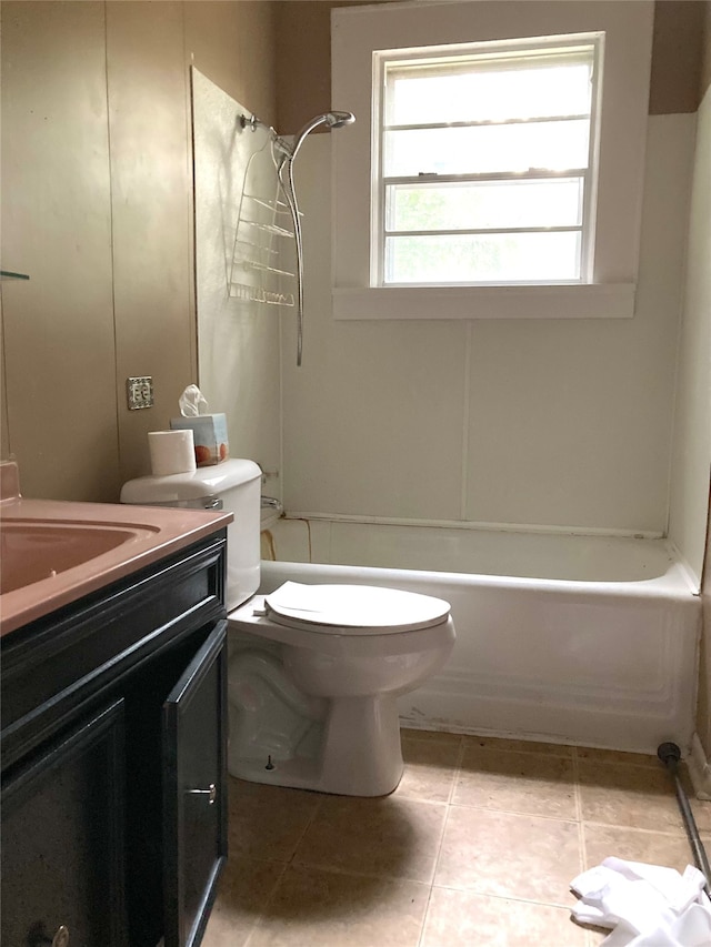 full bathroom featuring tile patterned flooring, toilet, shower / bathing tub combination, and vanity