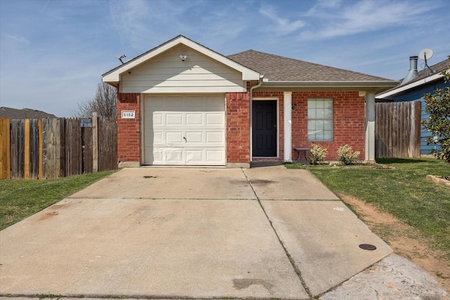 single story home featuring an attached garage, driveway, fence, and brick siding