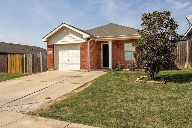 ranch-style home featuring an attached garage, brick siding, fence, concrete driveway, and a front lawn