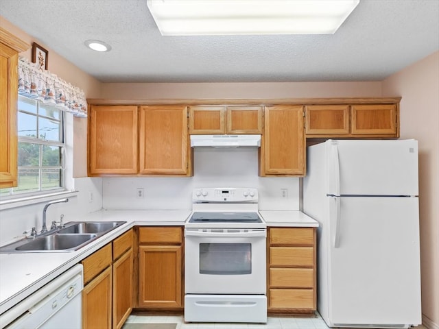 kitchen featuring light tile patterned floors, white appliances, sink, and a textured ceiling