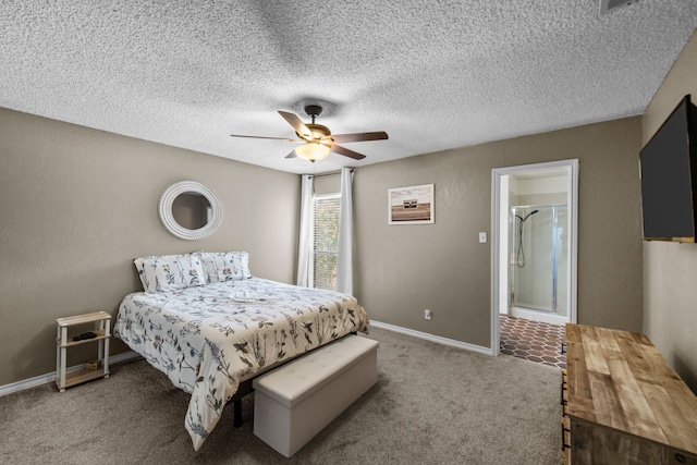 bedroom featuring carpet flooring, ceiling fan, and a textured ceiling