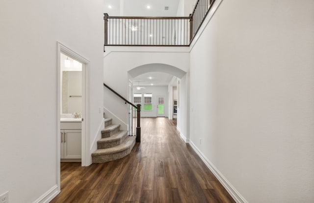 foyer entrance featuring a towering ceiling, dark wood-type flooring, and sink