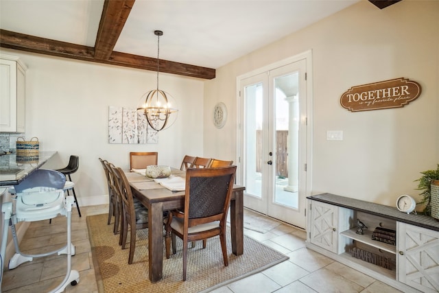 dining room featuring french doors, beamed ceiling, and a healthy amount of sunlight