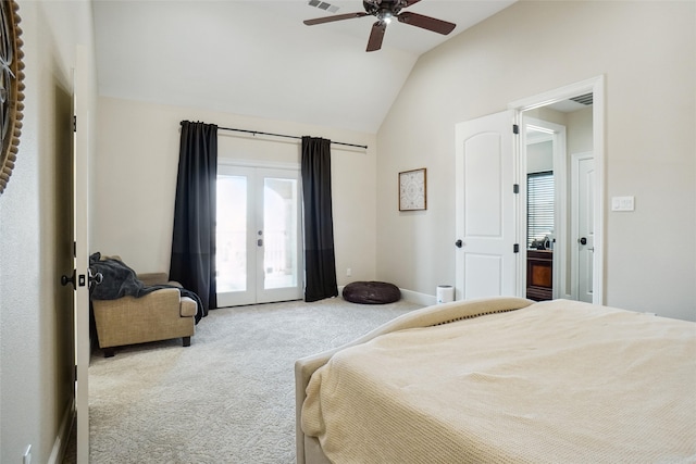 carpeted bedroom with french doors, lofted ceiling, access to outside, and ceiling fan