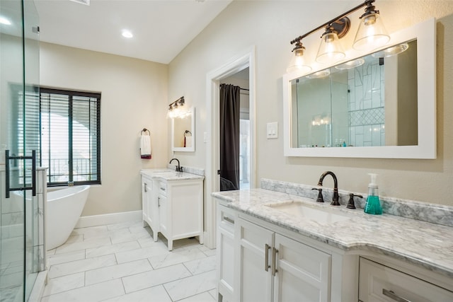 bathroom featuring vanity, independent shower and bath, and a chandelier