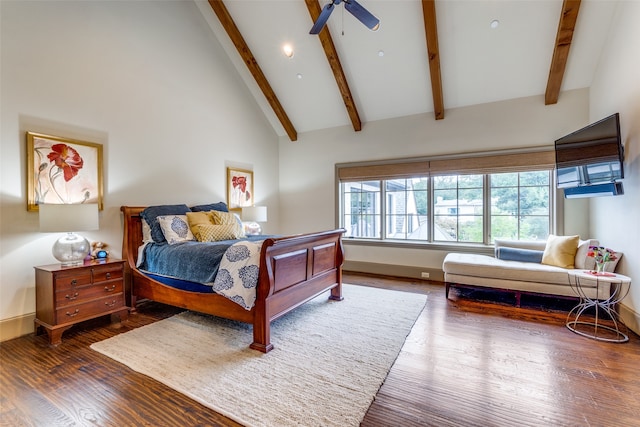 bedroom featuring high vaulted ceiling, ceiling fan, dark hardwood / wood-style flooring, and beamed ceiling