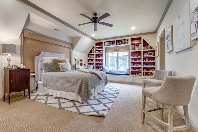 carpeted bedroom with ceiling fan and crown molding