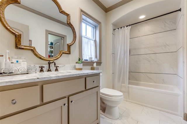 full bathroom with ornamental molding, vanity, toilet, and shower / bath combo with shower curtain