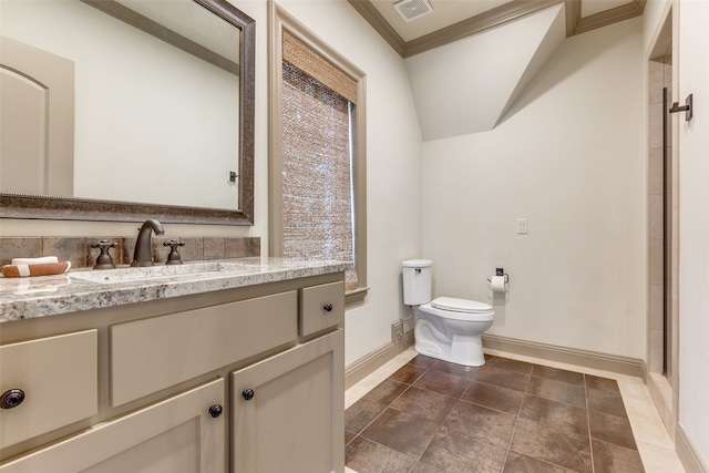 bathroom featuring toilet, an enclosed shower, crown molding, vanity, and vaulted ceiling