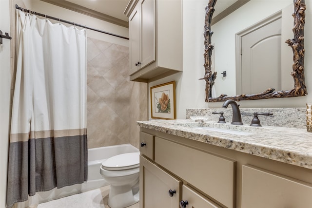 full bathroom featuring shower / bath combo with shower curtain, toilet, ornamental molding, and vanity