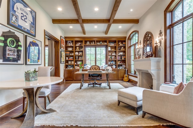 office with beamed ceiling and hardwood / wood-style floors