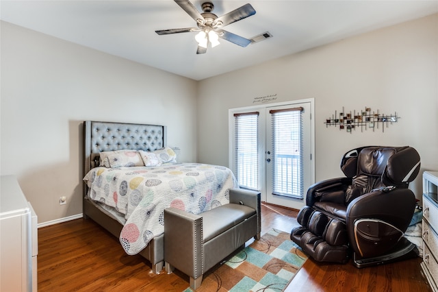 bedroom featuring hardwood / wood-style floors, ceiling fan, access to outside, and french doors