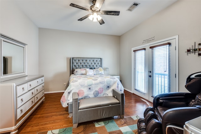 bedroom featuring hardwood / wood-style floors, ceiling fan, access to outside, and french doors