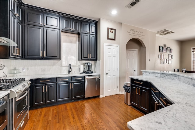 kitchen featuring ventilation hood, light wood-type flooring, appliances with stainless steel finishes, light stone countertops, and sink