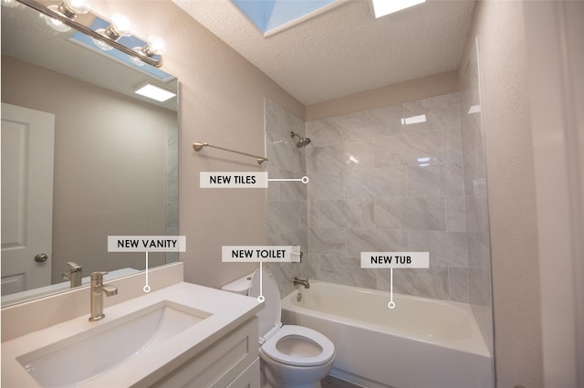 bathroom featuring a textured wall, toilet, a textured ceiling, vanity, and washtub / shower combination