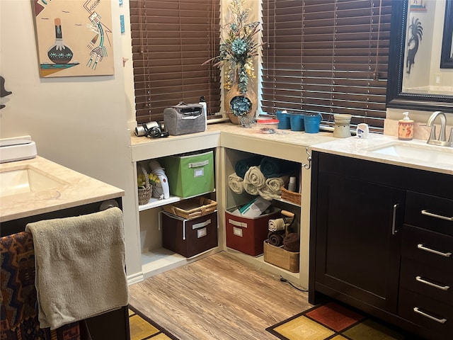 bathroom with hardwood / wood-style floors and vanity