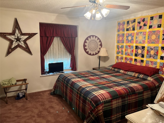 carpeted bedroom featuring a textured ceiling, ceiling fan, and crown molding