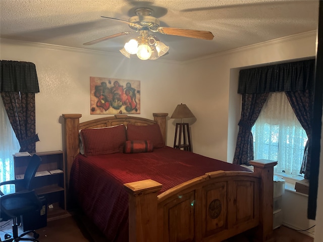 bedroom featuring a textured ceiling, ceiling fan, and crown molding