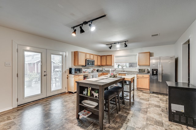 kitchen featuring stainless steel appliances, rail lighting, a healthy amount of sunlight, and french doors