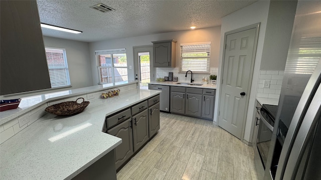 kitchen featuring light wood-type flooring, a wealth of natural light, stainless steel appliances, and sink