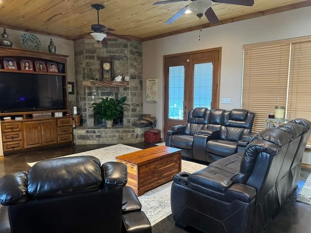 living room featuring ceiling fan, wooden ceiling, and a fireplace