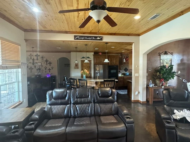 living room featuring wood ceiling, crown molding, and ceiling fan